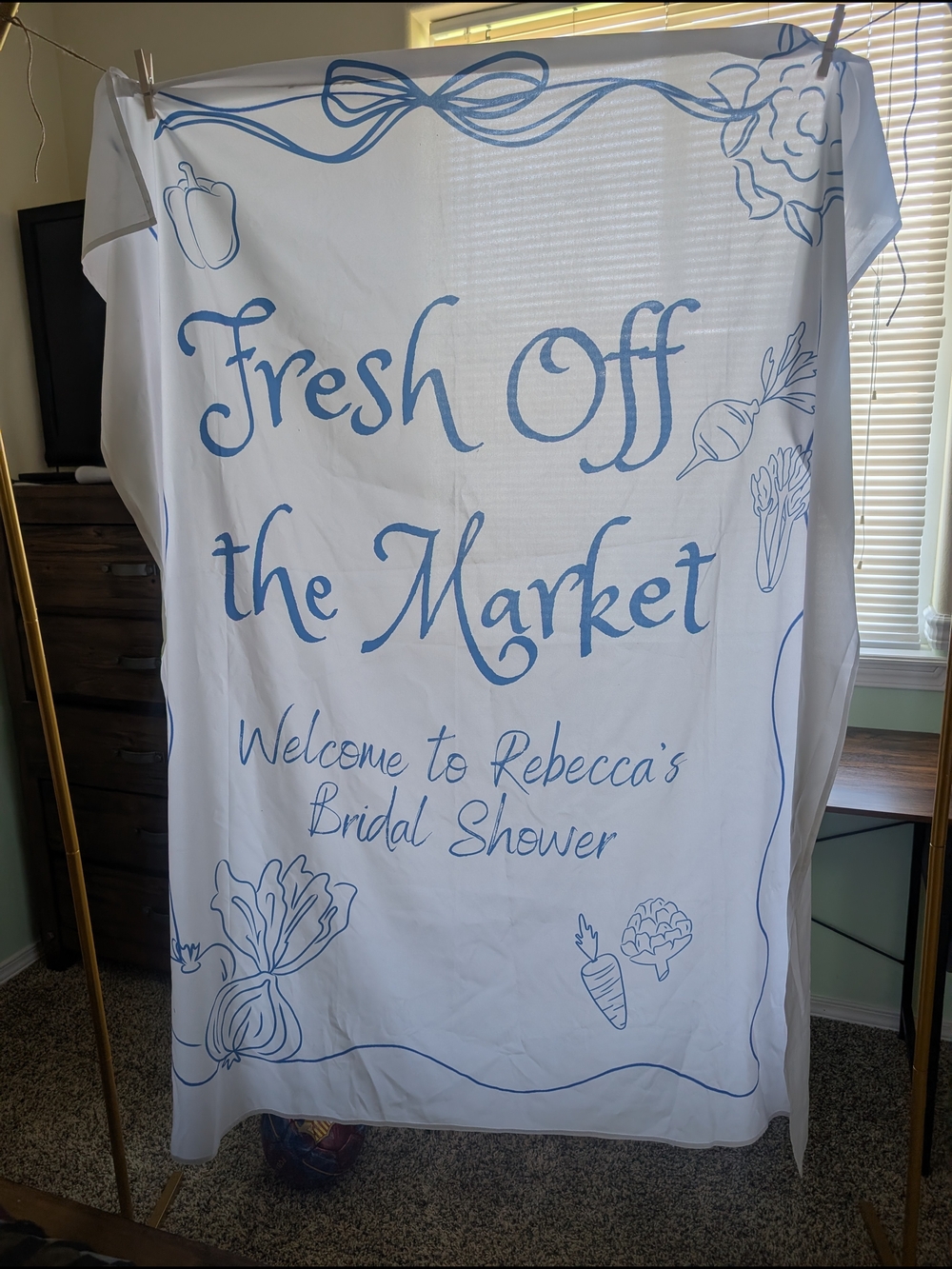 White and Blue 'Fresh Off the Market' Bridal Shower Backdrop